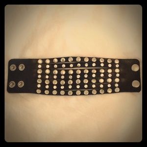 Leather cuff bracelet with studs and rhinestones