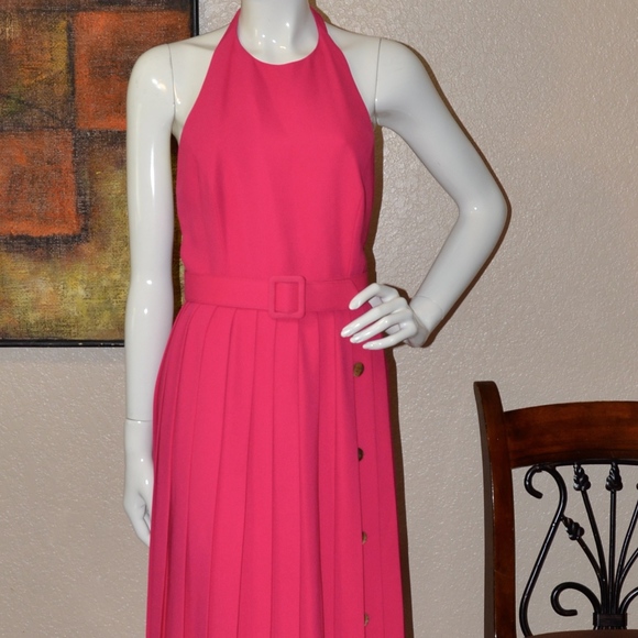 Vintage BILL BLASS Women Bright Pink Fuchsia Halter Pleated Midi Dress Size 6 Vintage BILL BLASS Women Bright Pink Fuchsia Halter Pleated Midi Dress Size 6
