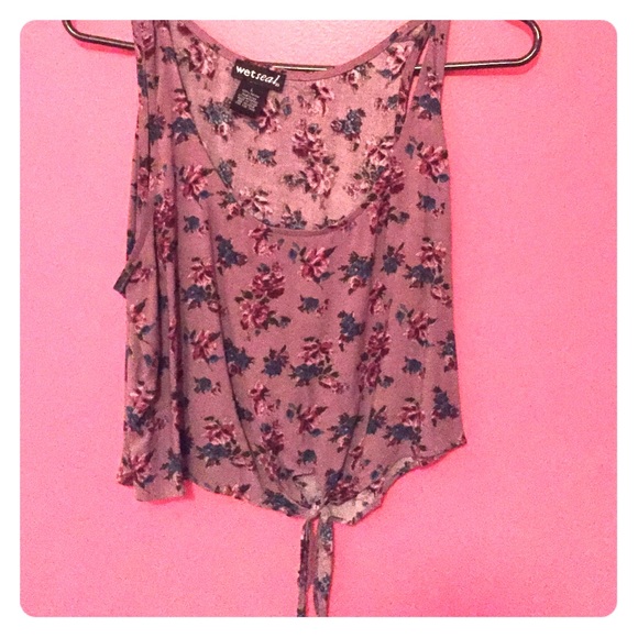 Purple flowered tye front tank top
