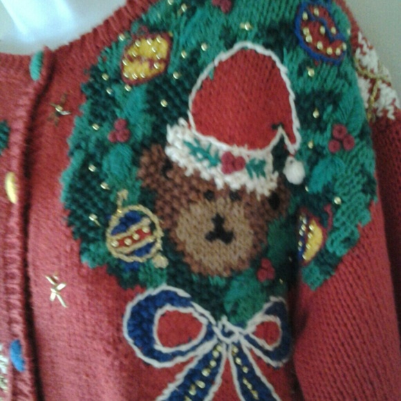 Red Christmas Sweater CUTE BEARS Size M - Picture 3 of 4