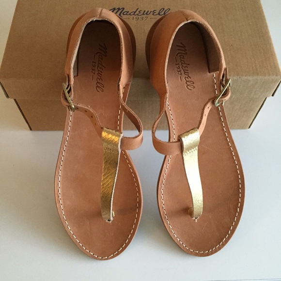 Madewell T-Strap Thong Flat Sandals Tan & Gold - Picture 2 of 4