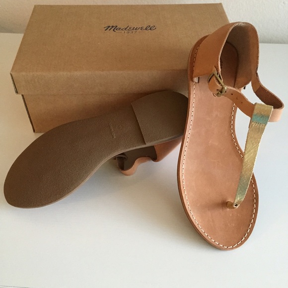 Madewell T-Strap Thong Flat Sandals Tan & Gold - Picture 3 of 4