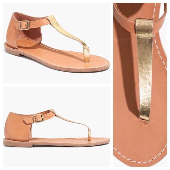 Madewell T-Strap Thong Flat Sandals Tan & Gold - Picture 4 of 4