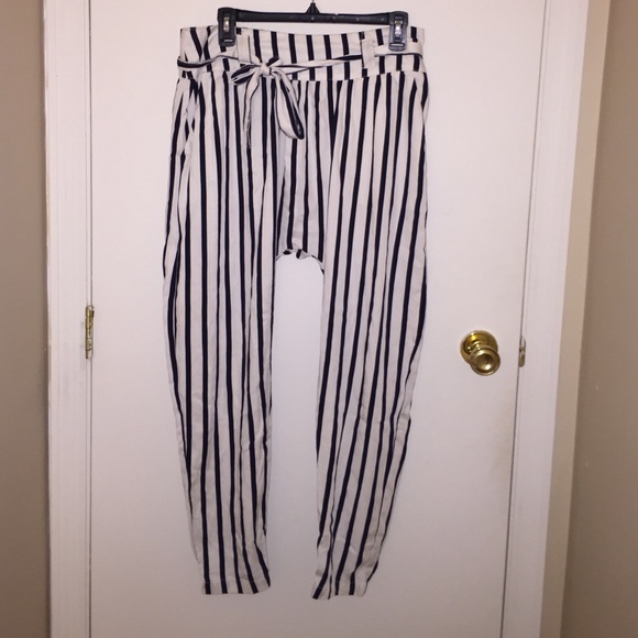 Black and white striped harem trousers