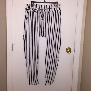 Black and white striped harem trousers