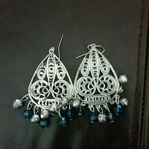 Costume jewelry silver and teal earrings