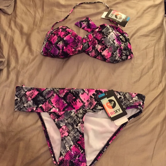 Roxy pink, black white and grey snake skin bikini