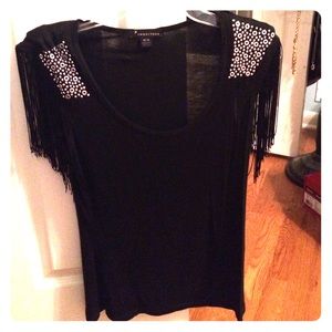 Black Short Sleeved Top with Fringed Sleeves