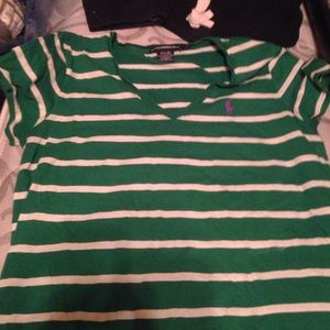 green and white stripped polo