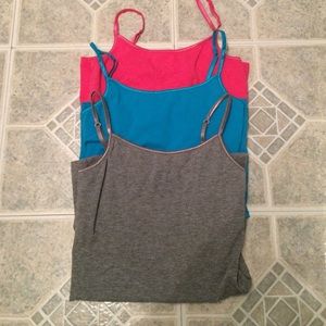 Hot pink, bright blue and dark grey camis