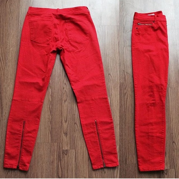 Red Orange Zipper Skinny Jeans