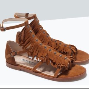 Zara Fringed Flat Leather Sandal