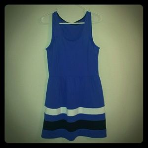 Periwinkle blue dress with white and black stripe.