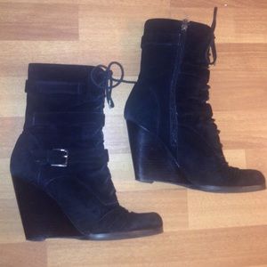 Guess wedge black boots mid calf black suede