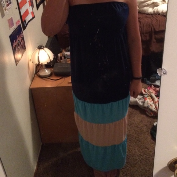Blue and tan maxi dress