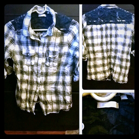 Blue plaid shirt with lace shoulder