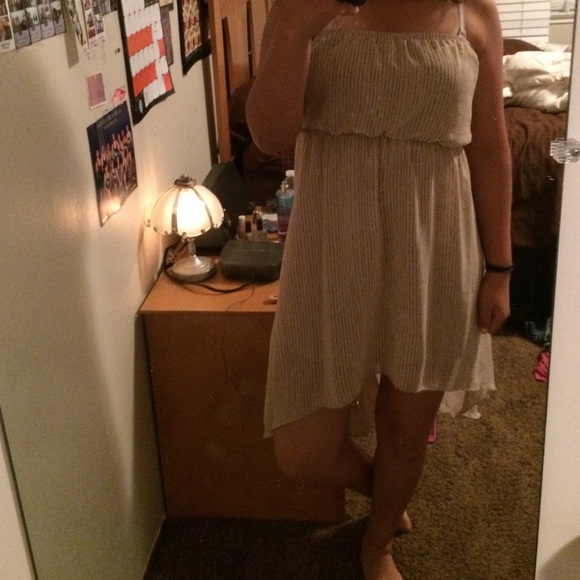 strapless hi-low tan dress