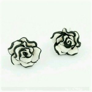 White with black camellia stud earrings