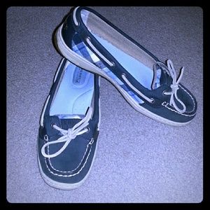Navy plaid boat shoes