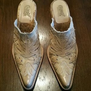 LIGHT TAN LEATHER & LINEN MULES