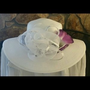 White Straw Hat with purple scarf