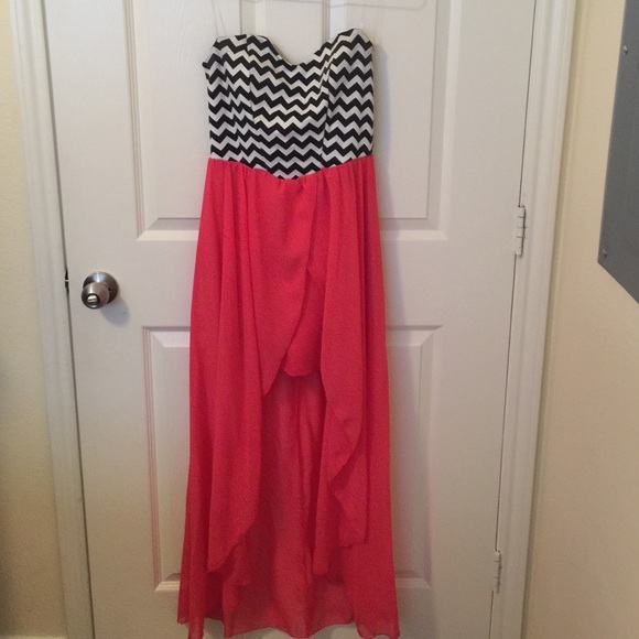 Black and White Chevron and High Low Coral Dress