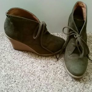 Army Green faux suede wedge bootie.