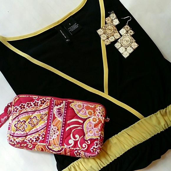 Black V-neck Top w/ Yellow Accents