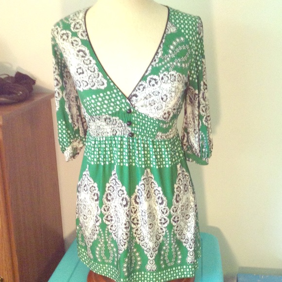 Green black and white floral Forever top.