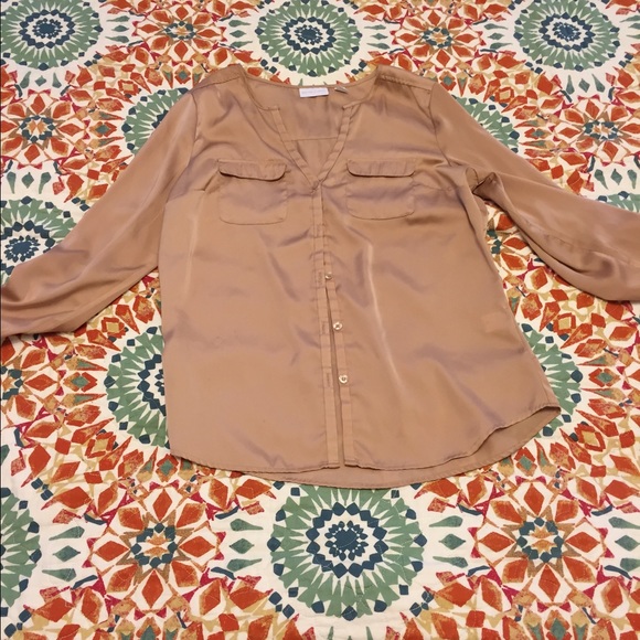 New York & Co taupe silk button up