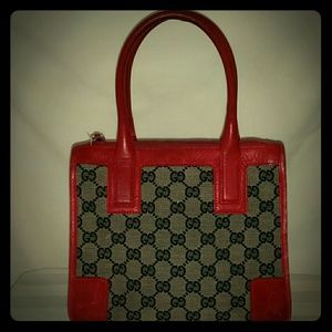 GUCCI GG Canvas Red Leather Tote