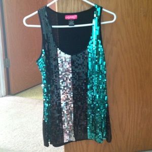 Grey black and turquoise striped sequin tank