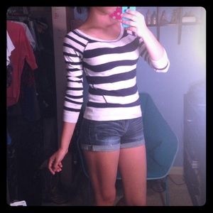 Blue and cream striped 3/4 sleeve sweater shirt