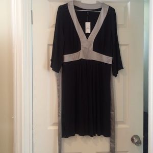Tie back deep V black cotton/grey satin dress