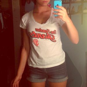 White and orange SF giant T-shirt V-neck