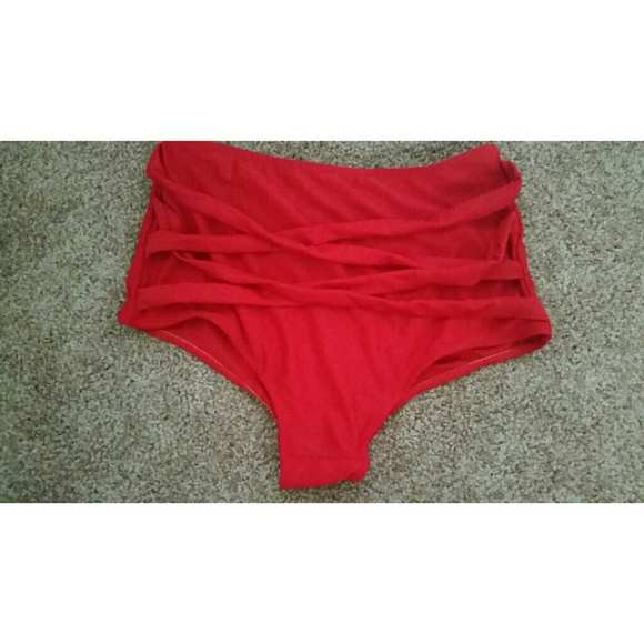 Women's Waist High Pin-Up Style Bottoms Red Strapp