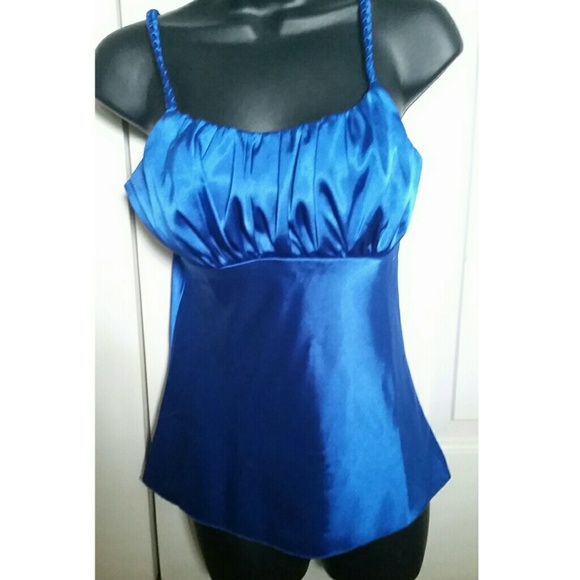 Shiny Royal Blue Satin-like Blouse Rouged Breast