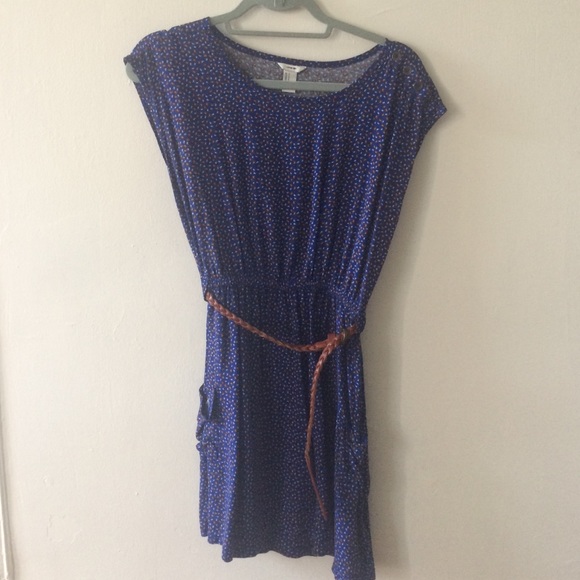Blue cap-sleeved printed dress with original belt - Picture 1 of 4