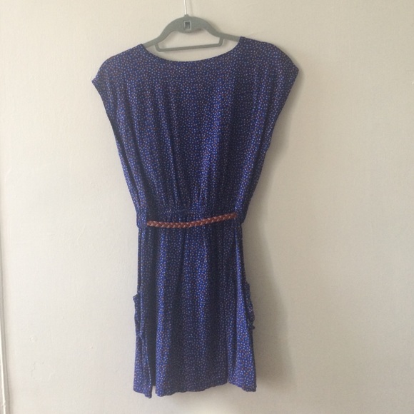 Blue cap-sleeved printed dress with original belt - Picture 2 of 4