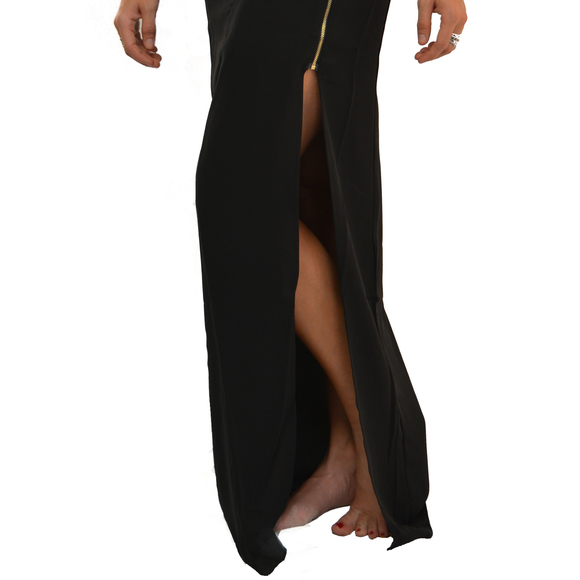 Black Open Slit Side Zipper Maxi Skirt - Picture 2 of 4