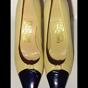 Salvatore Ferragamo Tan with Black Patent Heels