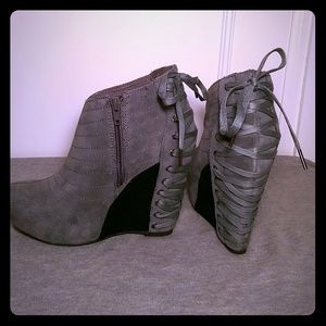 Gray faux suede wedge booties with corset back