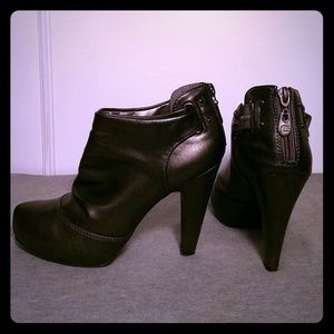 Gray leather slouchy high heel booties