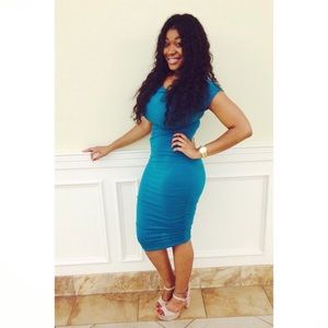 Teal Ruched Midi Fitted Dress