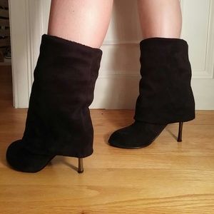 Black faux suede thigh high stiletto boots