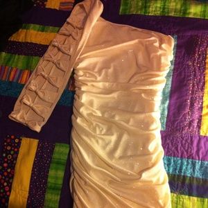 One sleeved cream sparkly homecoming dress