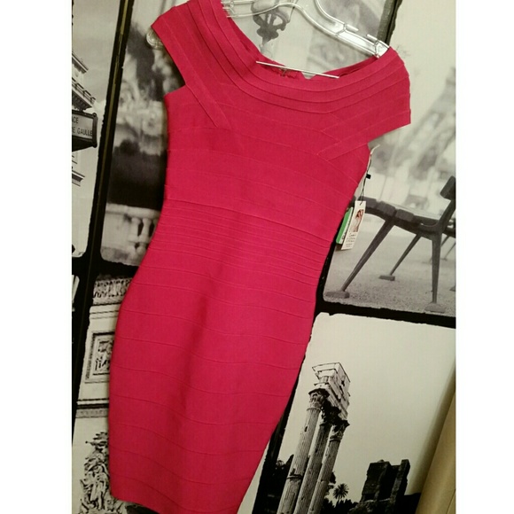 <Sold> Fuschia Capsleeve Midi Bandage Dress - Picture 2 of 4