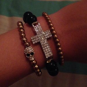 Three bracelet set, black & gold.