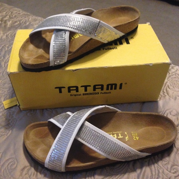 Tatami Birkenstock white and silver sandals