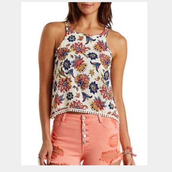 Cream/Paisley Tank Top W/Crochet Detail